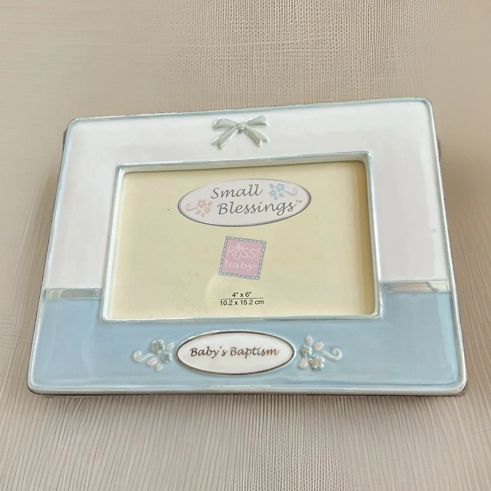 Russ Baby Small Blessings Ceramic Picture Frame Babys Baptism Blue White 4x6